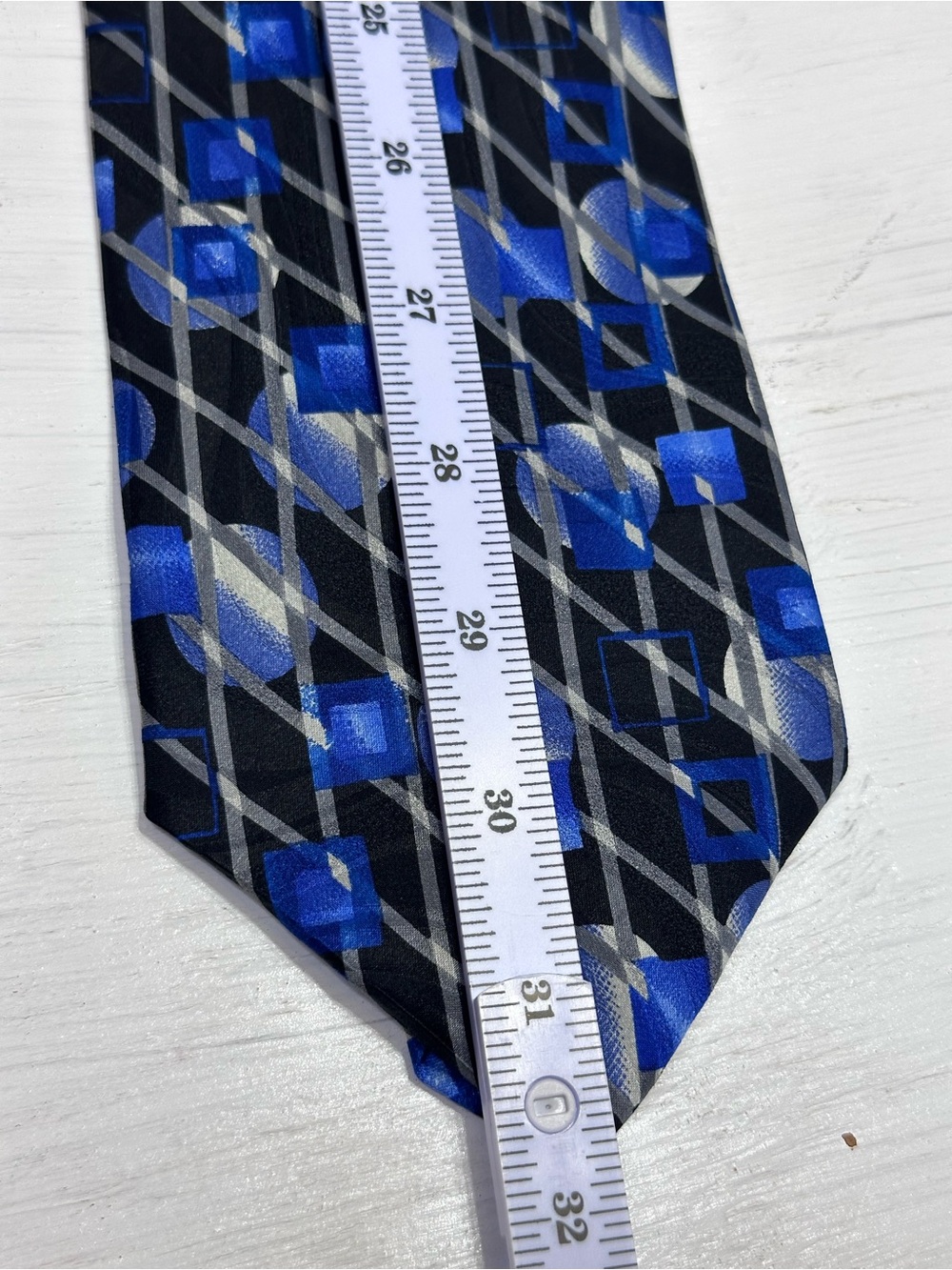 100% Silk Pavone Made In Italy Blue Black Silver Geometric Wide Necktie - Picture 6 of 8
